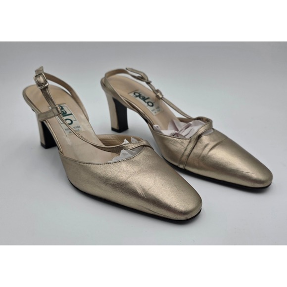 Galo Shoes - Galo Italy Metallic Champagne Gold Leather Slingback Block Heels Sz 36.5, 6.5 US